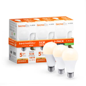 Paquete de 3 Focos A19 LED 14 W, Luz Cálida Brillante, Base E27, No atenuables Paquete de 3 Focos A19 LED 14 W, Luz Cálida Brillante, Base E27, No atenuables