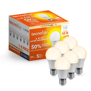 Paquete de 6 Focos A19 LED 5 W, Luz Cálida Brillante, Base E27, No atenuables Paquete de 6 Focos A19 LED 5 W, Luz Cálida Brillante, Base E27, No atenuables