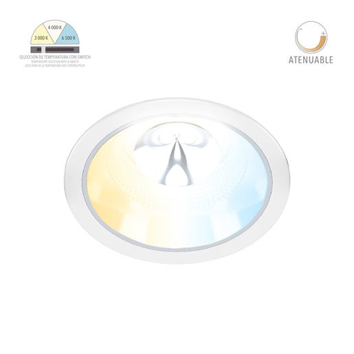 Lámpara Downlight LED Empotrable 13 W, Luz Blanca Configurable, Atenuable, IP54, LED integrado