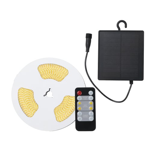 Tira LED Solar 5 Metros de Longitud 3 W, Luz Blanca Ajustable, Control Remoto Incluido, Atenuable, Exteriores IP65 Tira LED Solar 5 Metros de Longitud 3 W, Luz Blanca Ajustable, Control Remoto Incluido, Atenuable, Exteriores IP65