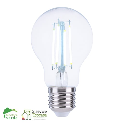 Foco A19 Filamento LED 6 W, IRC 90, Base E27, Luz de Día, Atenuable, Producto Hipoteca Verde Foco A19 Filamento LED 6 W, IRC 90, Base E27, Luz de Día, Atenuable, Producto Hipoteca Verde