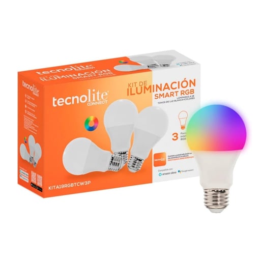 Paquete de 3 Focos LED Inteligentes A19 WiFi 8 W, Luz RGB + Blanca, Base E27, Compatible con App móvil y Asistentes de voz Paquete de 3 Focos LED Inteligentes A19 WiFi 8 W, Luz RGB + Blanca, Base E27, Compatible con App móvil y Asistentes de voz